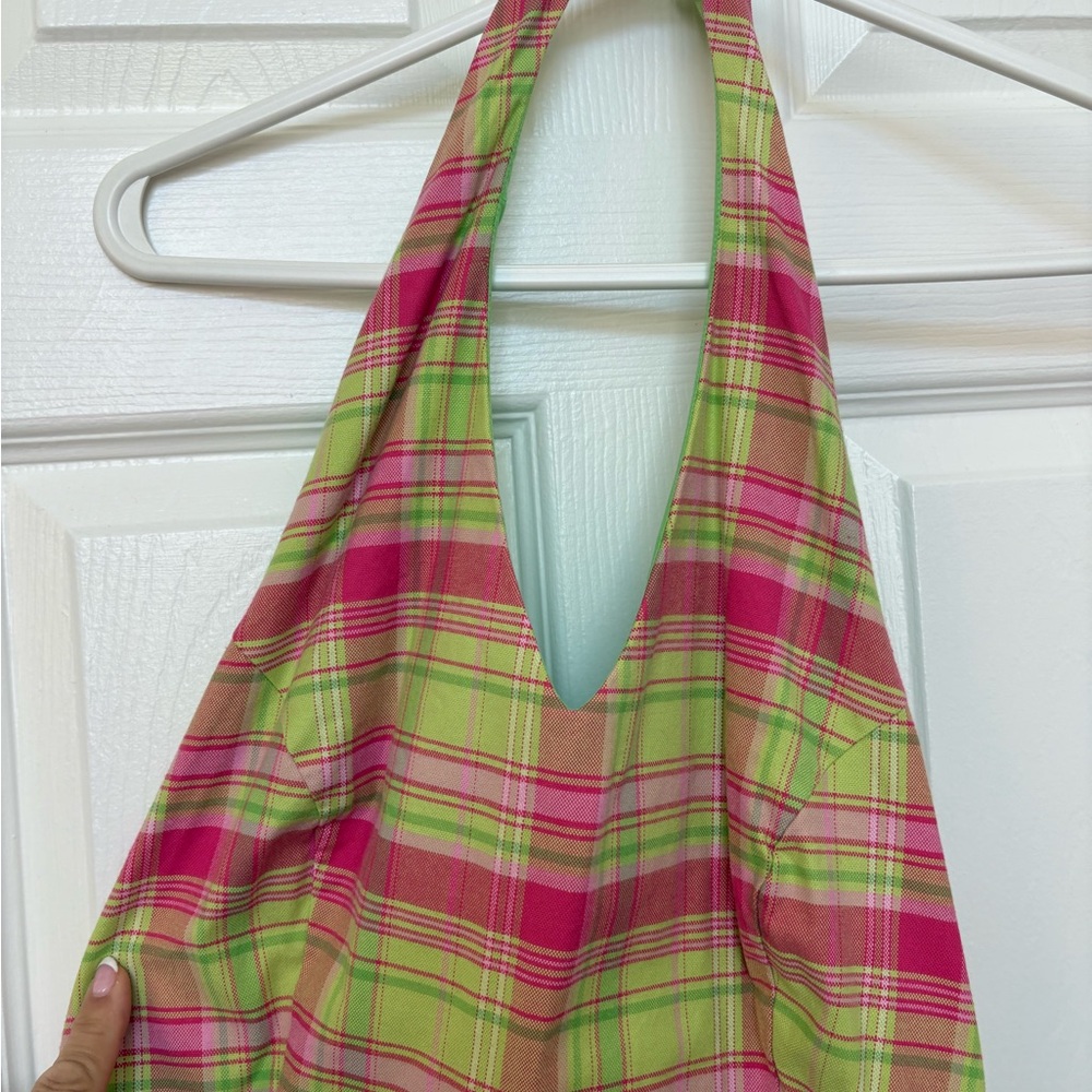 Liz Claiborne Pink and Green Plaid Backless Dress